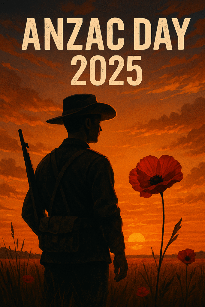 Soldier silhouette with poppy flower at sunset on this ANZAC Day 2025