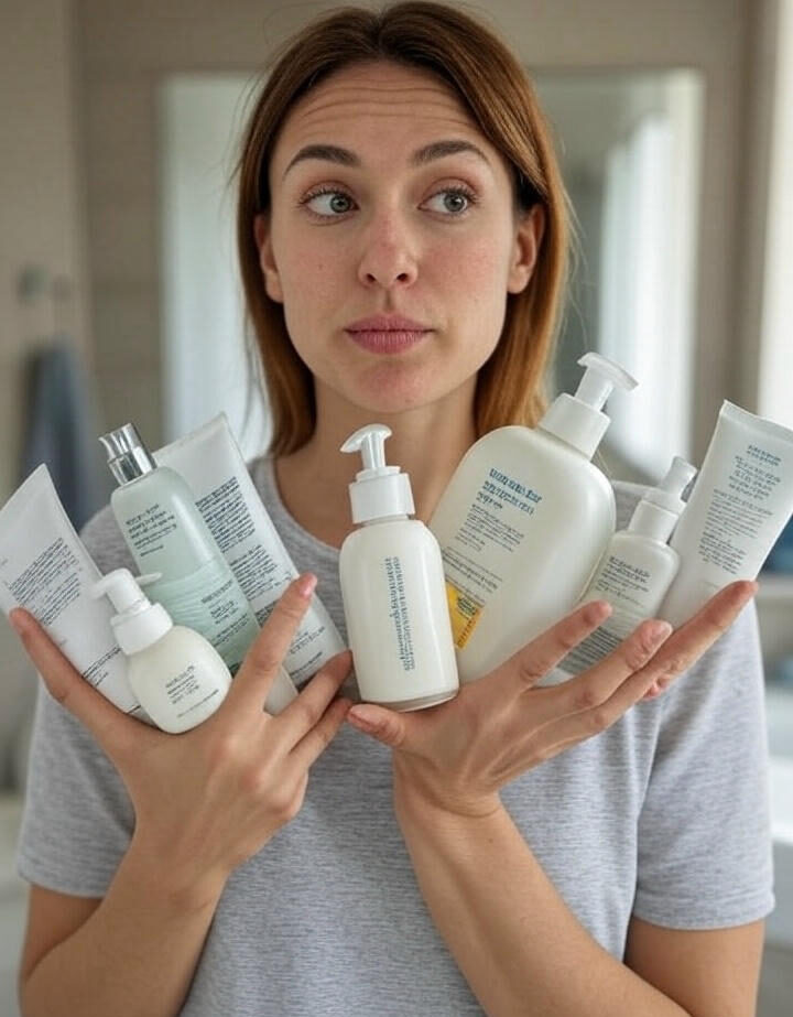 Confused woman holding too many skincare products — representing common eco skincare mistakes