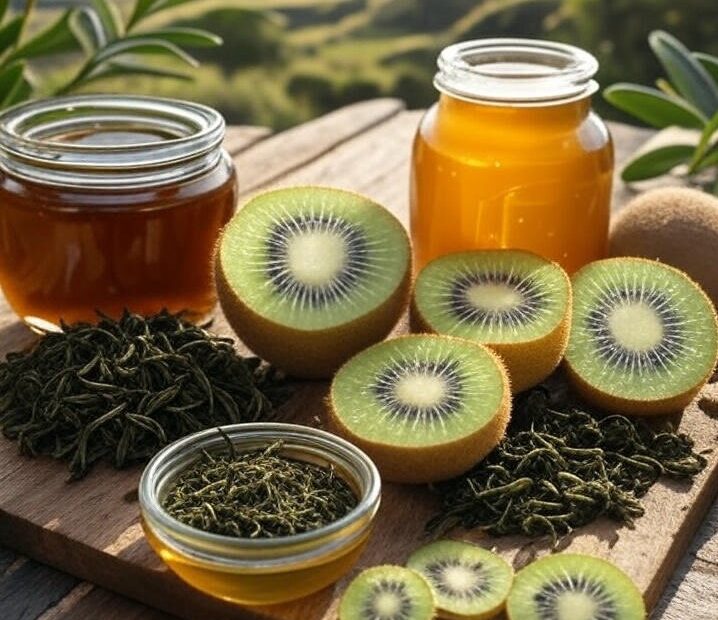 DIY eco skincare ingredients with kiwi, honey, and green tea on a wooden board in New Zealand