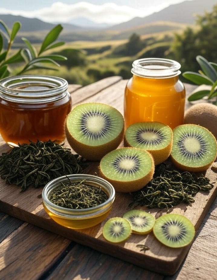 DIY eco skincare ingredients with kiwi, honey, and green tea on a wooden board in New Zealand